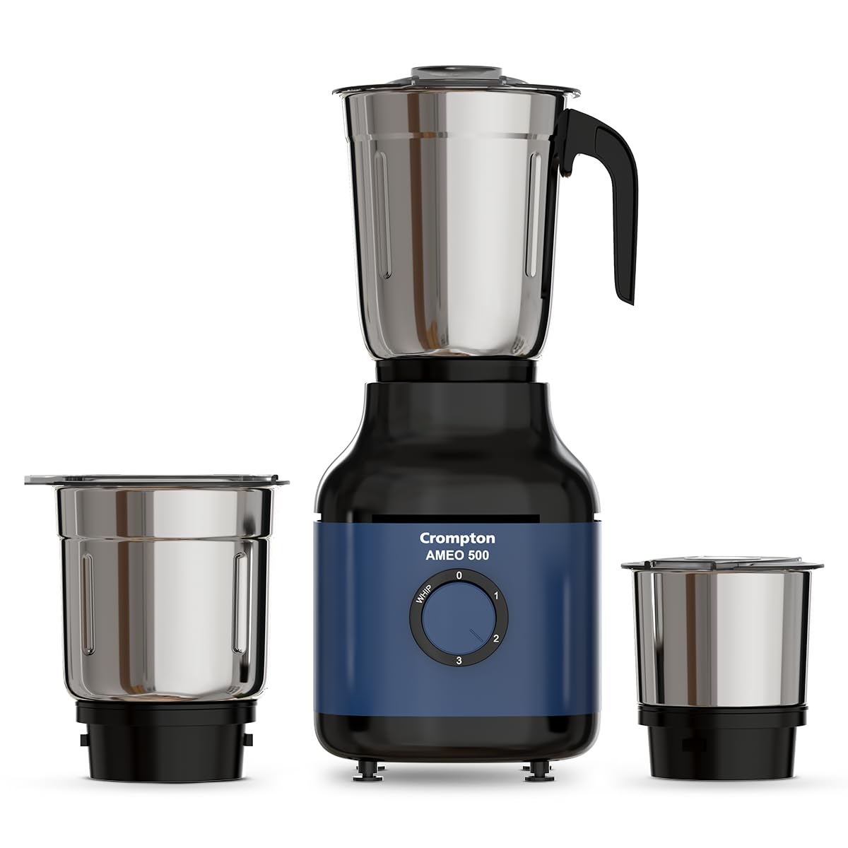 Crompton Ameo 500 W Mixer Grinder – Powertron Motor, Motor Vent-X Technology, 3 Stainless-Steel Jars, 3-Speed with Pulse, Overload Protection