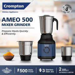 Crompton Ameo 500 W Mixer Grinder – Powertron Motor, Motor Vent-X Technology, 3 Stainless-Steel Jars, 3-Speed with Pulse, Overload Protection
