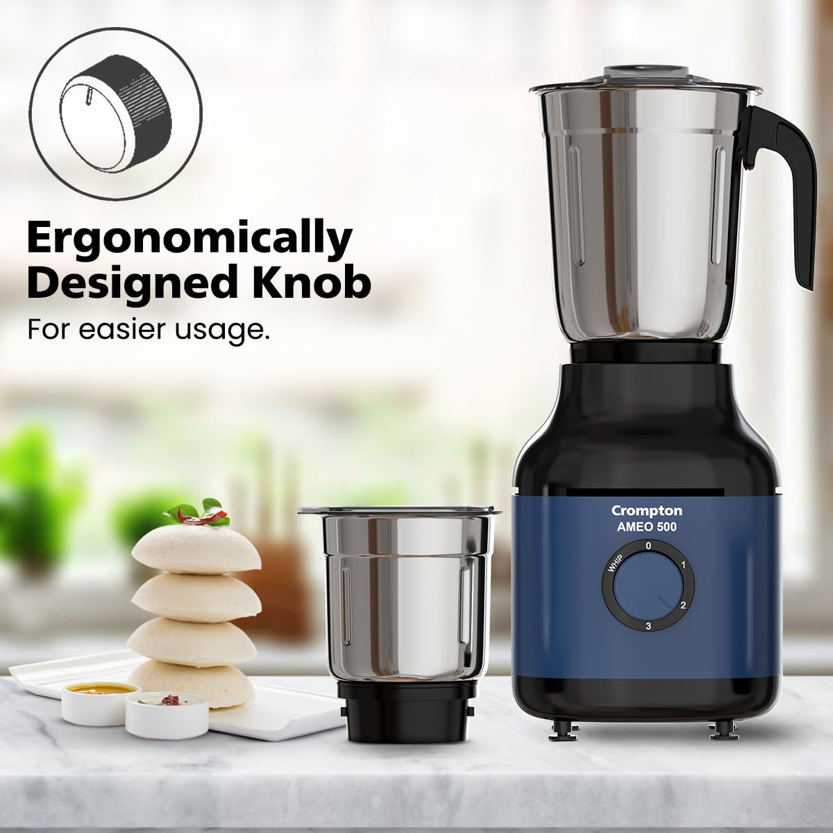 Crompton Ameo 500 W Mixer Grinder – Powertron Motor, Motor Vent-X Technology, 3 Stainless-Steel Jars, 3-Speed with Pulse, Overload Protection