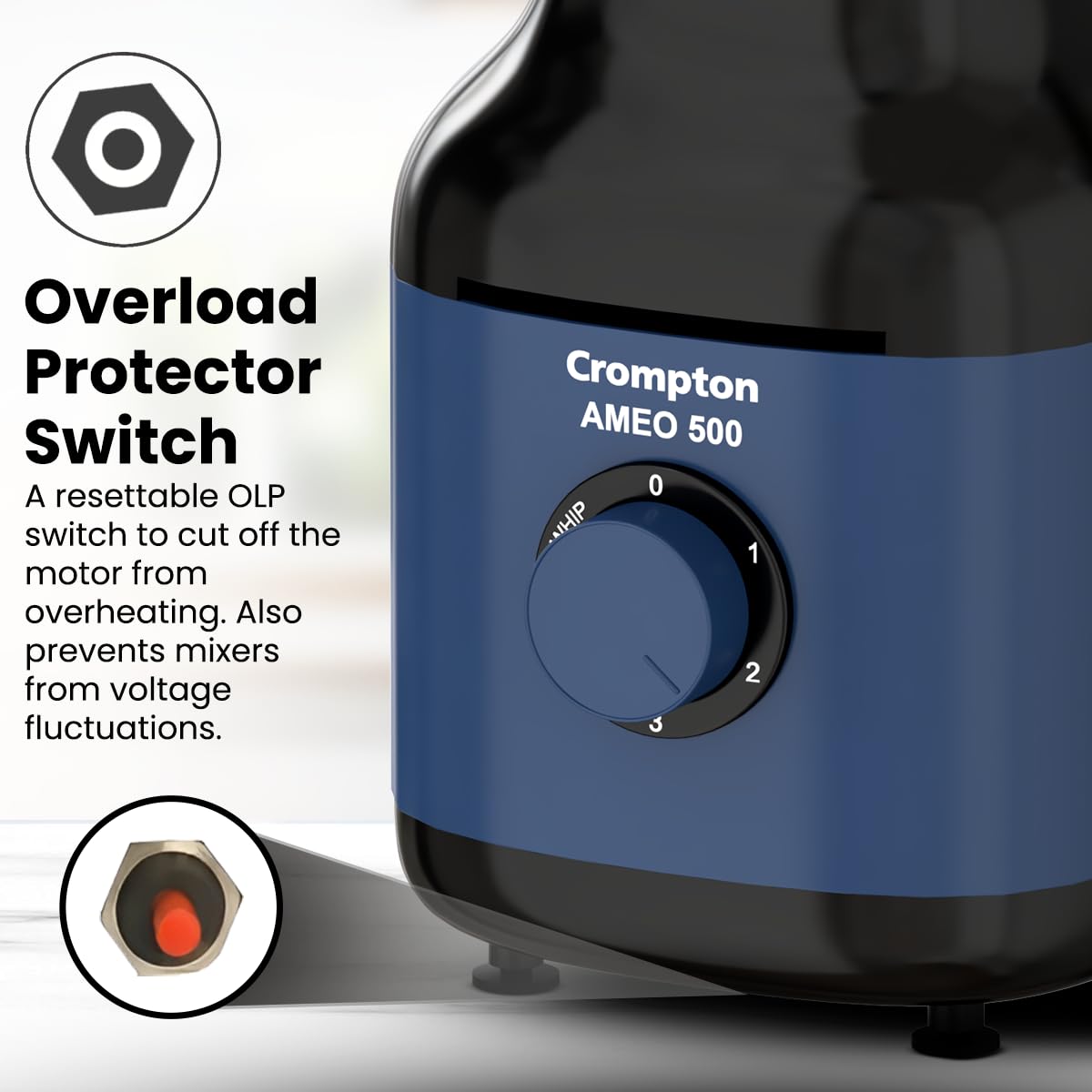 Crompton Ameo 500 W Mixer Grinder – Powertron Motor, Motor Vent-X Technology, 3 Stainless-Steel Jars, 3-Speed with Pulse, Overload Protection