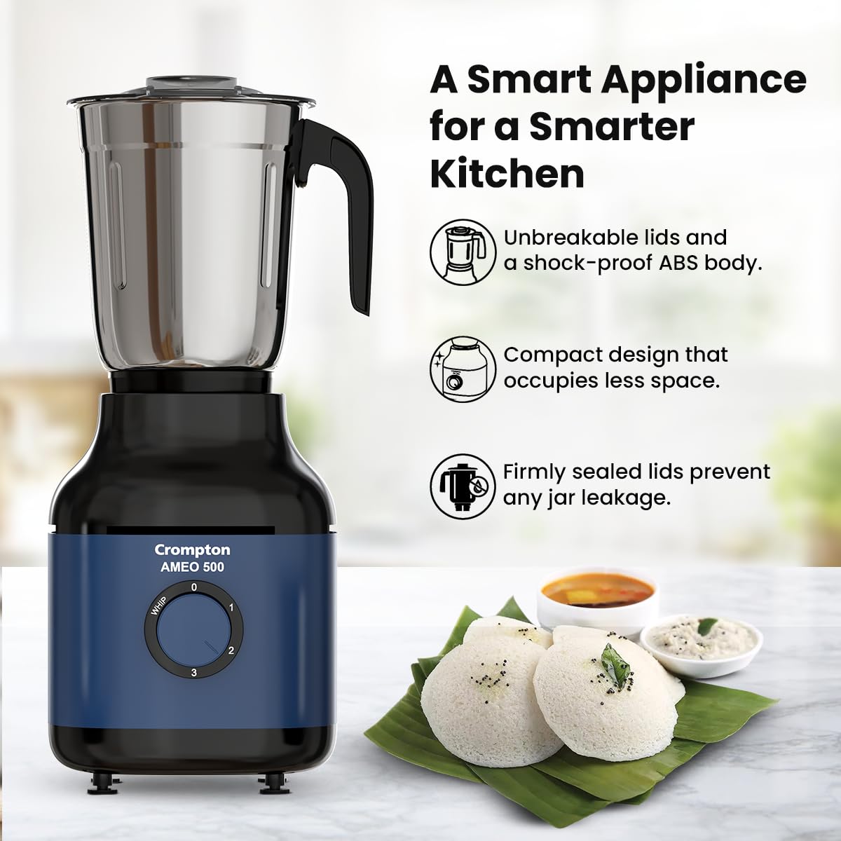 Crompton Ameo 500 W Mixer Grinder – Powertron Motor, Motor Vent-X Technology, 3 Stainless-Steel Jars, 3-Speed with Pulse, Overload Protection