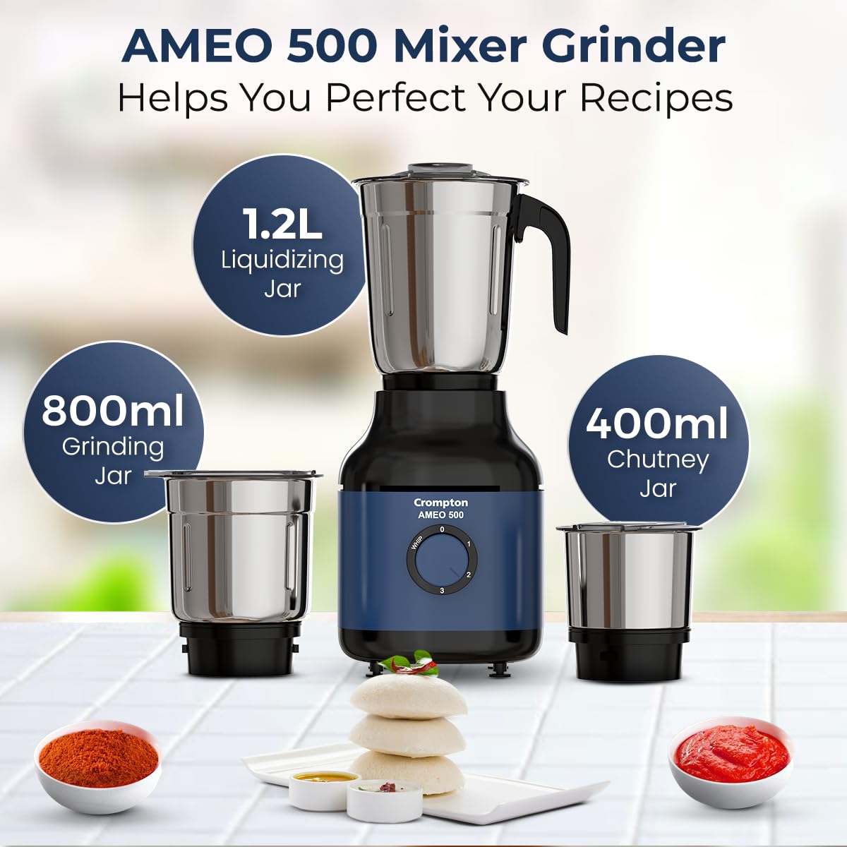 Crompton Ameo 500 W Mixer Grinder – Powertron Motor, Motor Vent-X Technology, 3 Stainless-Steel Jars, 3-Speed with Pulse, Overload Protection