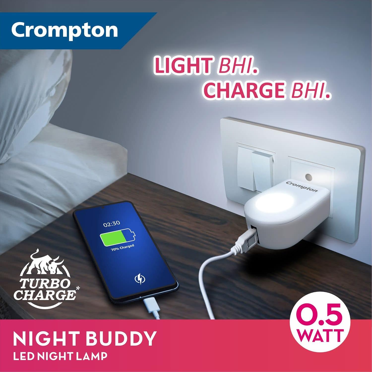 Crompton Night Buddy USB Charger + Night Lamp – 0.5 W, Warm White