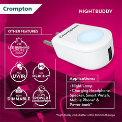 Crompton Night Buddy USB Charger + Night Lamp – 0.5 W, Warm White
